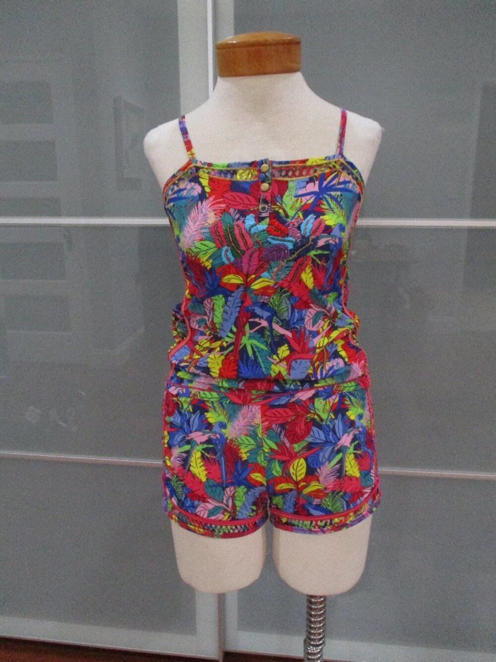 Agua Bendita Full Piece Parrot and Leaf Print Embroidered Bathing Suit Resort